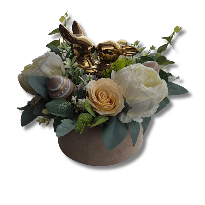 Aranjament de Paste, cu iepurasi ceramici, cutie catifea, crem, 25cmx25cm