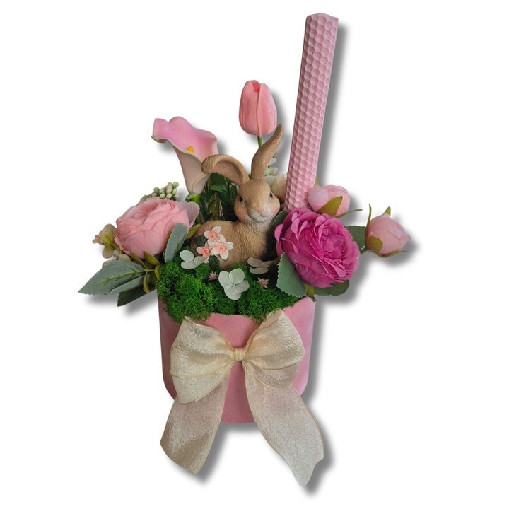 Aranjament de Paste cu iepuras ceramic si lumanare, cutie catifea, roz, 20cmx30cm
