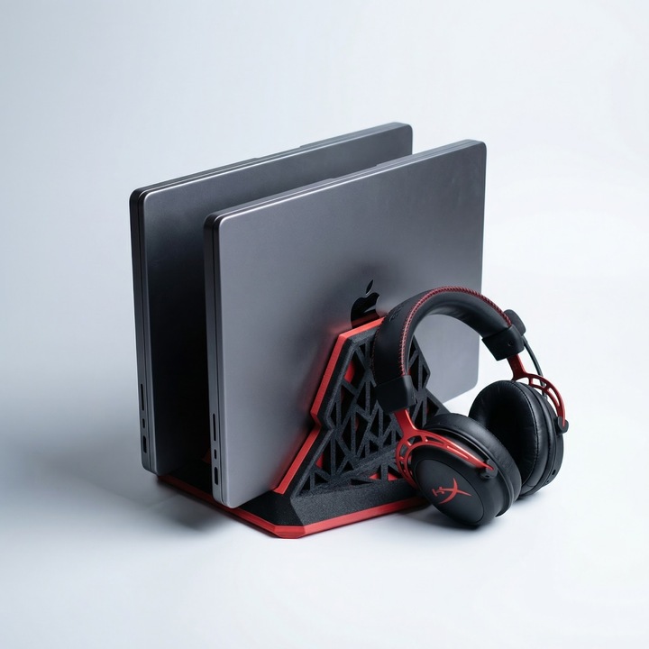 Suport Vertical Dublu pentru Laptop, Negru-Rosu, Plastic PLA, 14 cm