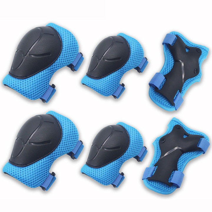 Set de protectie pentru copii, 6 piese, genunchiere, cotiere, protectii pentru incheieturi, albastru, 3-8 ani, 16-38KG