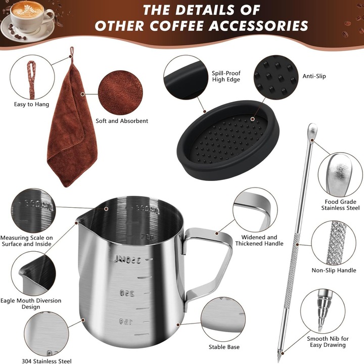 Set accesorii barista, tamper cafea 51mm, suport lapte, pen art latte, diverse sabloane, inox, multicolor