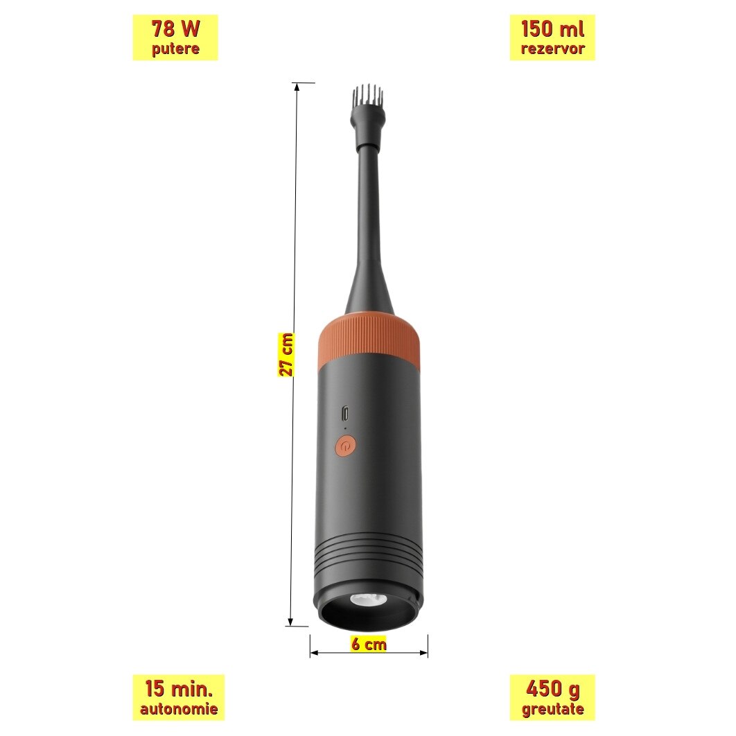 Mini aspirator cu acumulator, 150 ml rezervor, 78 W putere, 450 g greutate, 15 min. autonomie
