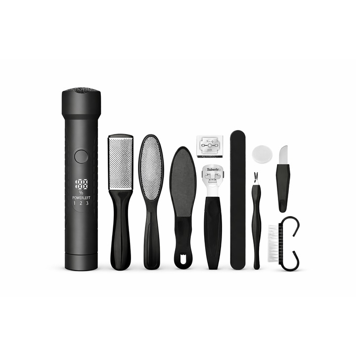 Set Aparat Profesional Calus Lantern Neo™ v601 Lanterna, pentru indepartare bataturi cu aspirator, inlatura si pielea uscata, display digital, LED, incarcare USB, 2 capete, 2 moduri, 4400 rpm, Negru