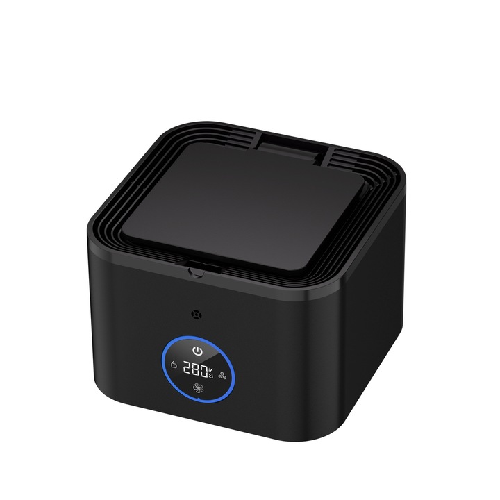 Purificator de aer, 4000 mAh, scrumiera, cu capac, filtru compozit, comutator cu senzor, lumina ambientala tricolora, ORBER, model detasabil, potrivit pentru eliminarea mirosului de fum, 136 x 136 x 96 mm, ABS + aliaj de aluminiu, negru