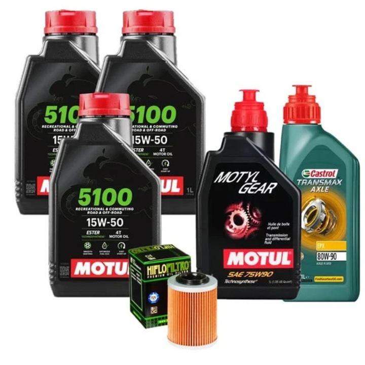 Kit revizie Motul 5100 15w50, 3x1L ulei, 1L Castrol Transmax Axle EPX 80W-90, 1L Motul Motyl Gear 75W90, filtru ulei HF152