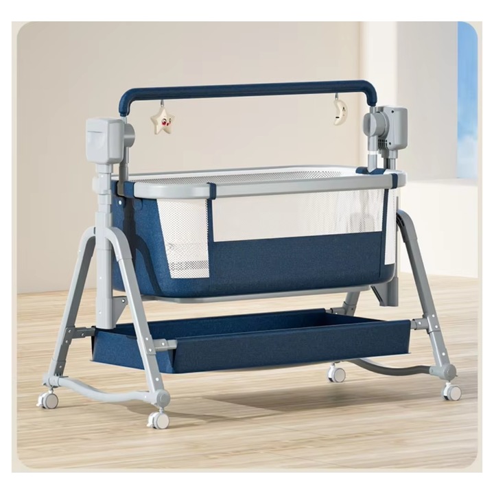 Patut Electric Multifunctional Bebelusi, co-sleeper, inaltime ajustabila, spatiu de depozitare si Plasa de protectie, salteluta, panou digital, conexiune Blue-tooth, telecomanda, Jucarii si Melodii, Albastru