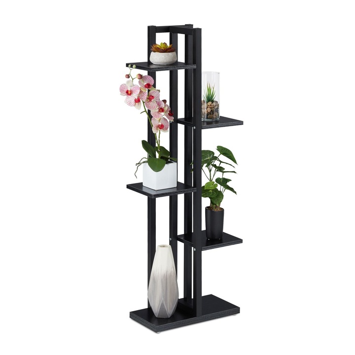 Northio virágtartó állvány, 5 szintes, fekete fém, fa megjelenés
