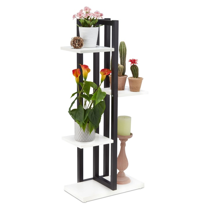 Virágállvány, Northio, 4 polcos, fekete fém, fa megjelenés