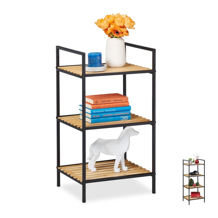 Bambusz és fém polc, 3 polcos, fekete, 80x30x120cm