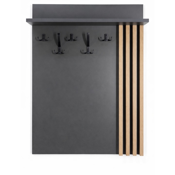 Cuier de perete cu polita, 5 carlige, panou PAL 18 mm, design modern, 650 x 1000 mm, gri bazalt + stejar cafeniu