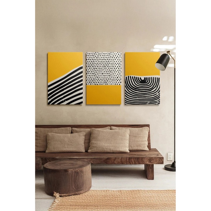 Set tablou decorativ Re-Bloom, 3 piese, panza/lemn, galben/alb/negru, 50 x 70 cm