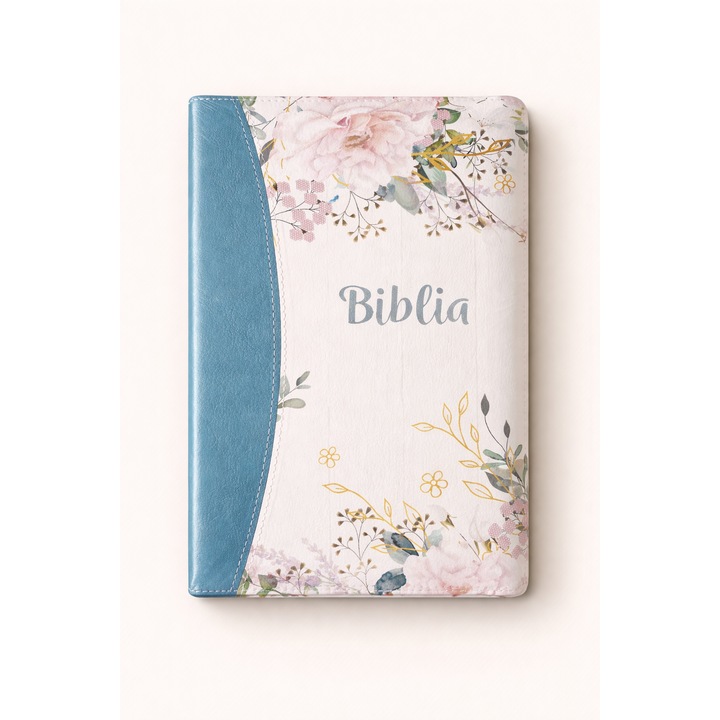 Biblie marime mare, piele ecologica, model floral albastru, fermoar, index, margini aurii, cuv. lui Isus cu rosu