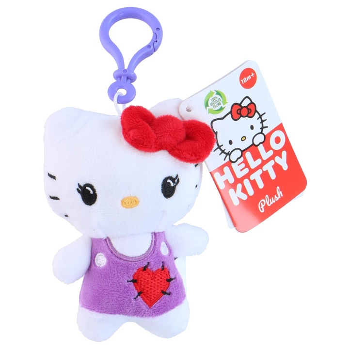 Jucărie din plus Hello Kitty, 12 cm, mov, cu clips pentru geantă