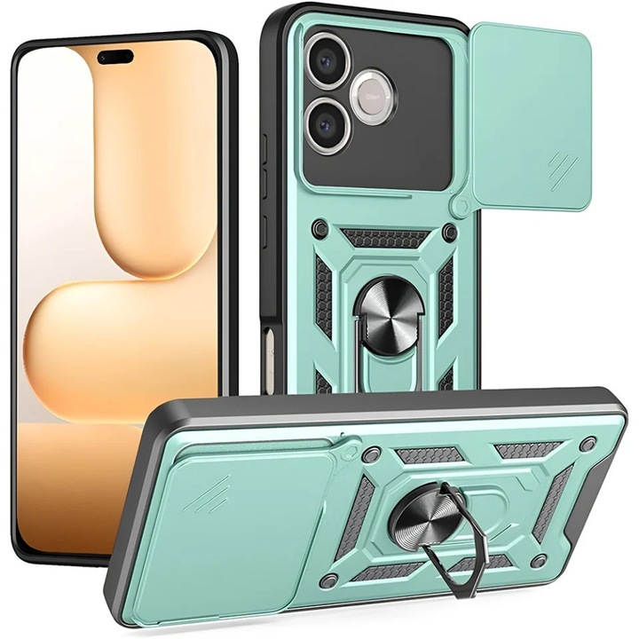 Husa pentru Honor 600 Lite, protectie camere, Inel magnetic, set cu sticker, CamShield, Verde