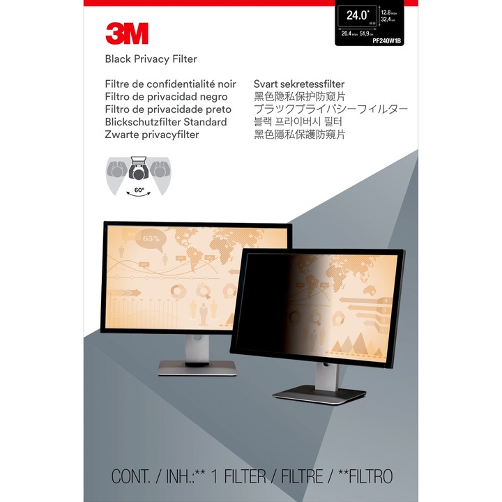 Filtru de confidentialitate 3M 24", 16:10, tehnologie micro-jaluzele, negru
