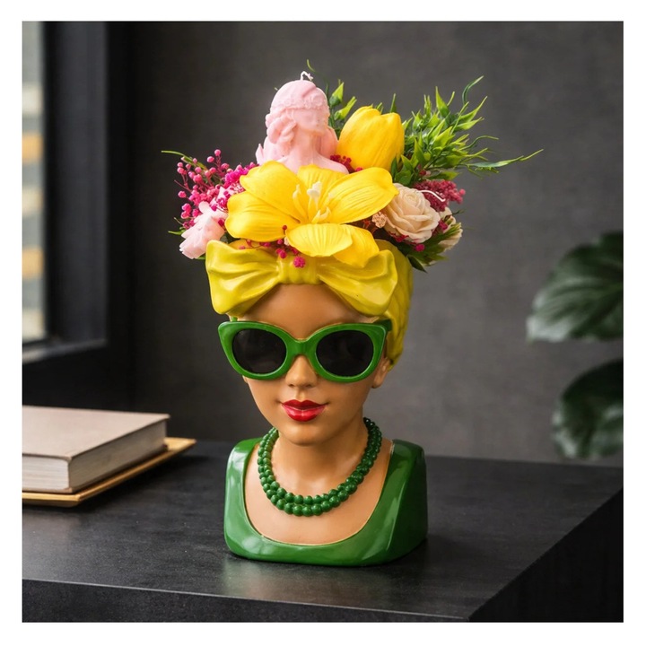 Aranjament floral, in vaza, din flori de ceara parfumata de soia, flori din spuma si din flori naturale uscate@Victiny