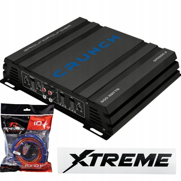 Crunch GPX500.2 2 csatornás 500W erősítő, ACV 10mm2 kábelkészlet, 254x46x220mm