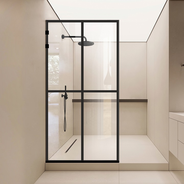 Paravan dus walk-in Aqua Elegance ® Black, model Basic negru, feronerie full inox negru mat, sticla clara, securizata, latime 90 cm