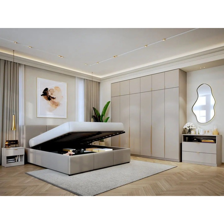Set Dormitor Auris, Bej/Casmir, C24, Pat Rabatabil 160x200, 2 Noptiere, Comoda si Dulap Inalt 2.46m cu Soft close