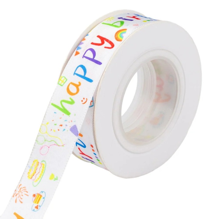 Banda textila cu mesaj - Happy Birthday, CadoulTauPreferat, alb