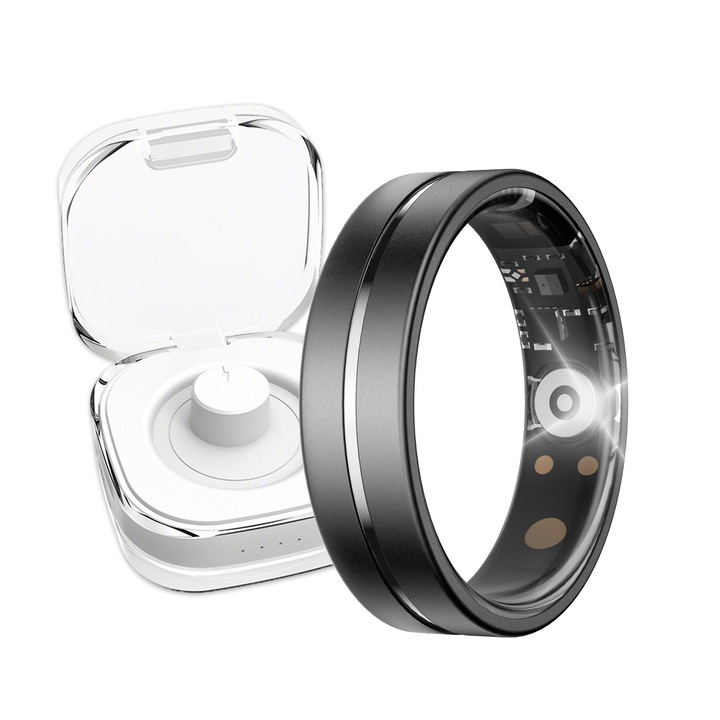 Inel Inteligent Smart Ring, Monitorizare Somn, Pasi, Ritm Cardiac, Oxigen din Sange, Compatibil Android/iOS, Ultra-usor, Autonomie Extinsa, Include carcasa de incarcare, Rezistent la Apa 5 ATM+IP68, Marimea 9, Negru