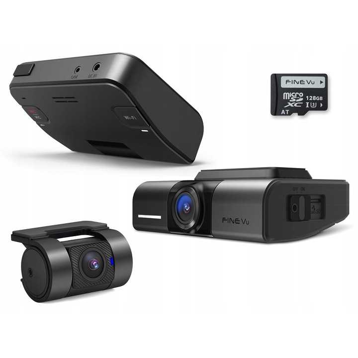 Камера за кола (DVR) FineVu GX1000 CLOUD 2 камери 2.5K Quad HD, GPS, Wi‑Fi 2.4/5 GHz, Bluetooth, HDR отпред/отзад, ADAS Plus, MicroSD карта 128GB, Черна