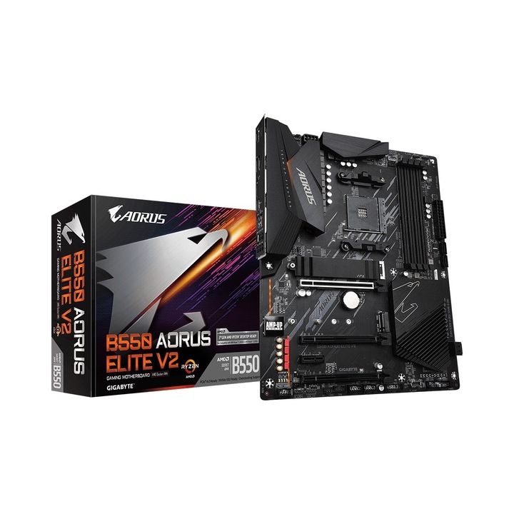 Placa de baza Gigabyte B550 AORUS ELITE V2, 4 sloturi DIMM, 128 GB, 305x244x272mm, RGB