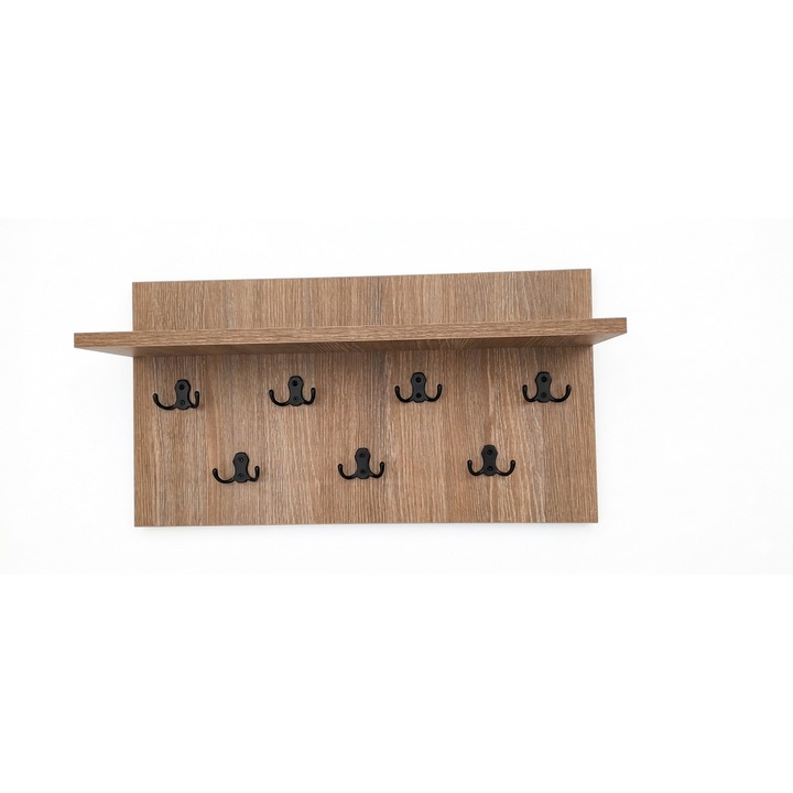 Cuier de perete cu polita, 7 agatatori, PAL melaminat stejar cafeniu, 650 x 350 mm, design modern