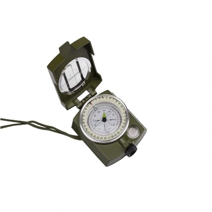 Busola metalica profesionala verde militar, navigatie precisa cu vizor, nivela si cadran lichid, drumetii outdoor, 57 mm