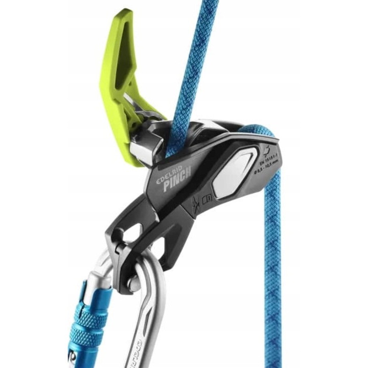 Aparat de asigurare Edelrid Pinch, antracit/oasis, dimensiuni compacte, sistem de franare asistat