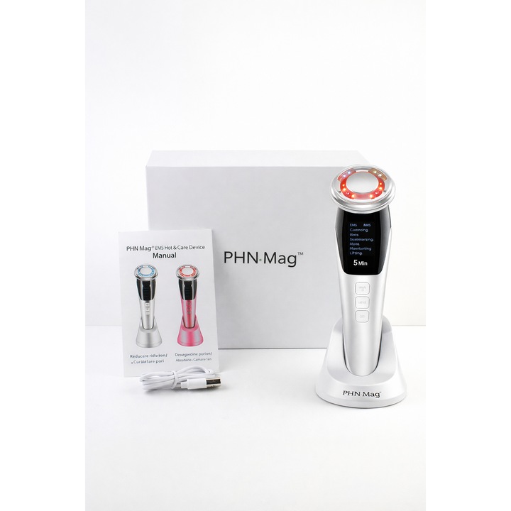 Aparat facial 5 în 1 PHN Mag, Alb, EMS, LED Roșu & Albastru, USB