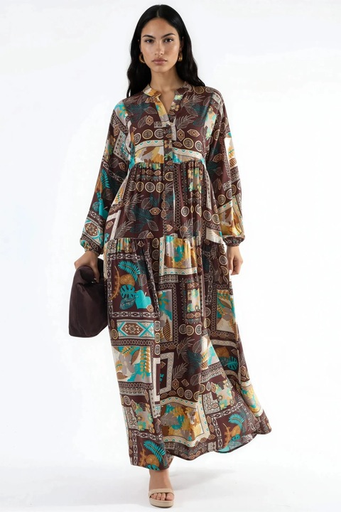 Rochie Maxi, HiCCUP, decolteu in V, maneci lungi, maro, viscoza