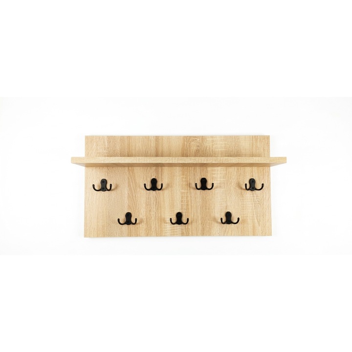 Cuier de perete cu polita, 7 agatatori, PAL melaminat Sonoma Oak, 650 x 350 mm, design modern