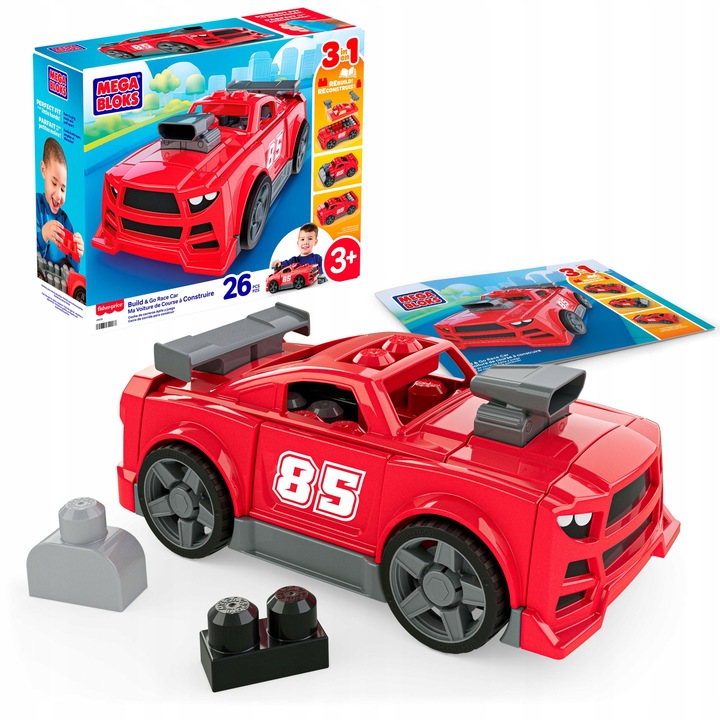Mega Bloks építőjáték készlet, 3 az 1-ben versenyautó, 26 építőelem, változatos színek, 3+ éves gyermekeknek