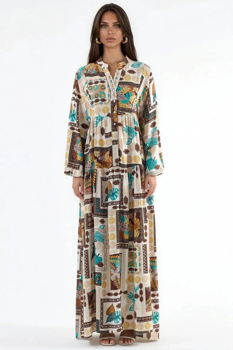 Rochie Maxi, HiCCUP, decolteu in V, maneci lungi, natural, viscoza