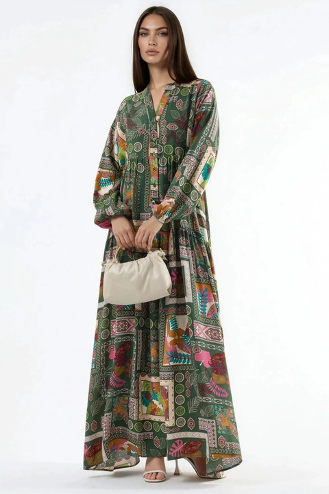 Rochie Maxi, HiCCUP, decolteu in V, maneci lungi, verde, viscoza