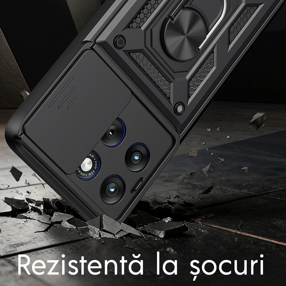 Husa pentru Motorola Edge 70 Fusion cu inel rotativ 360 Daden, Camshield series, Hybrid Antisoc, Slider pentru protectia camerei, Negru