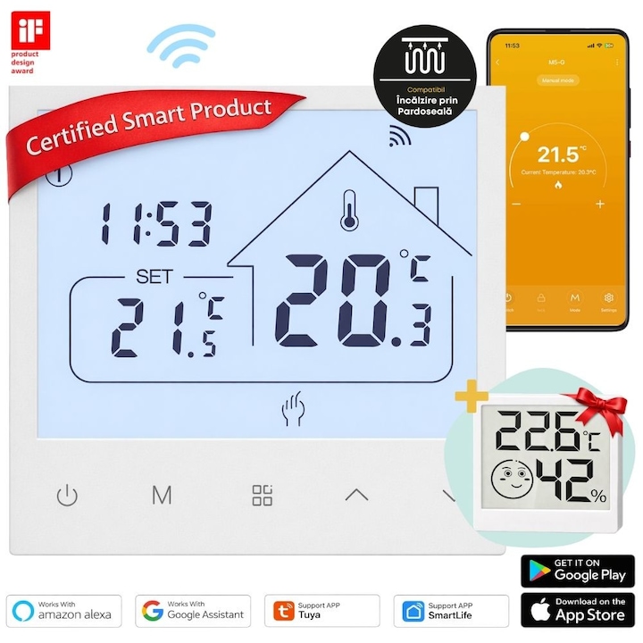 Termostat de ambient inteligent STADIS™ TDR48 Pro, Compatibil cu Incalzirea in Pardoseala, WiFi, Controlat prin Internet/Telefon, Programabil, Tuya / Google Home / Alexa, Accesorii, HigroTermometru inclus, Alb