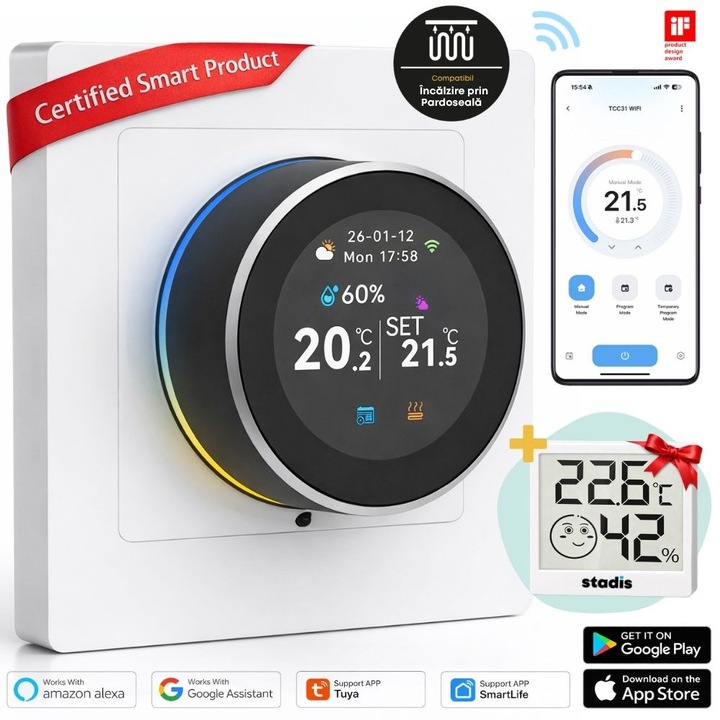 Termostat de ambient inteligent STADIS™ TCC31 Pro, Compatibil cu Incalzirea in Pardoseala, WiFi, Controlat prin Internet/Telefon, Programabil, Tuya / Google Home / Alexa, Accesorii, HigroTermometru inclus, Negru