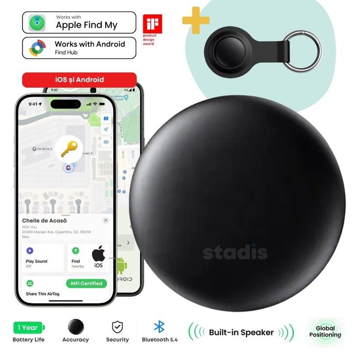 Dispozitiv Anti-Pierdere STADIS™ TagX Pro, Compatibil APPLE si ANDROID, cu Localizare GPS Tracker, Acoperire Globala, Bluetooth, pentru Copii, Batrani, Animale de Companie, Chei, Bagaje, cu Baterie inclusa, Suport din Silicon inclus, Negru