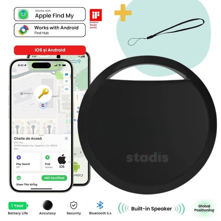 Dispozitiv Anti-Pierdere STADIS™ TagMe Pro, Compatibil APPLE si ANDROID, cu Localizare GPS Tracker, Acoperire Globala, Bluetooth, pentru Copii, Batrani, Animale de Companie, Chei, Bagaje, cu Baterie inclusa, Suport din Silicon inclus, Negru
