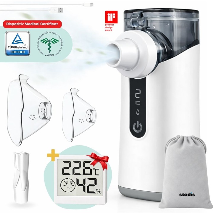 Aparat Aerosoli STADIS™ YS32 Pro, Validat Clinic, Nebulizator Ultrasonic, Portabil, Ultra Silentios, Tehnologie MESH, Functie de Auto-Curatare, Duza Inhalare, Masca Adulti, Masca Copii, Cablu USB-C, Husa de transport, HigroTermometru inclus, Culoare Alb