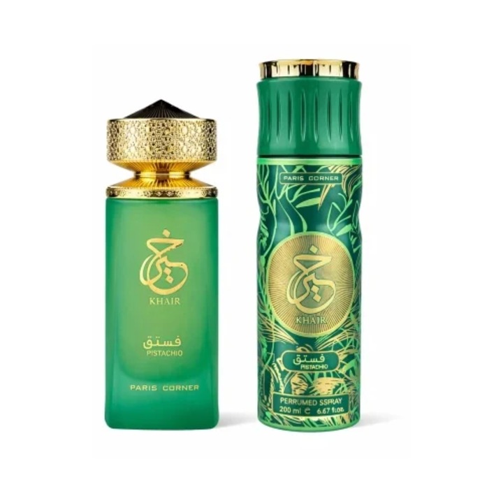Set cadou parfum Khair Pistachio, Paris Corner, Apa de Parfum 100ml + Deodorant Spray 200ml, unisex, 300ml