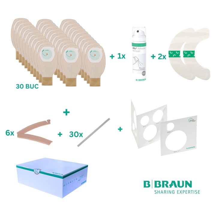 Pachet ingrijire stoma BBraun PROXIMA pentru colostomie/ileostomie cu 30 pungi opace 10–70 mm + spray dezlipire si curatare + benzi adezive + cleme + sablon