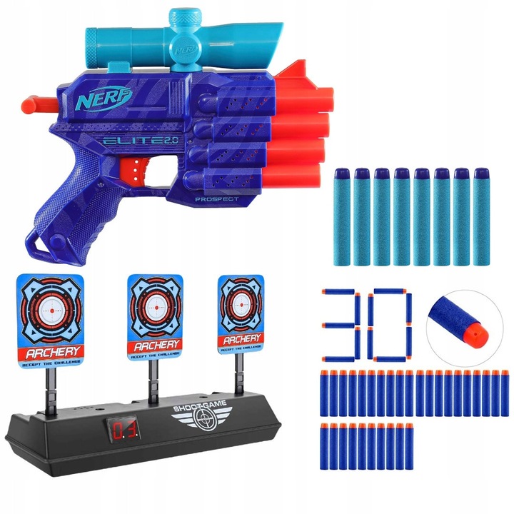 Nerf Elite 2.0 Prospect QS-4 Wild Edition pisztoly, készlet 8 nyíllal és elektronikus céltáblával, 30 tartalék nyíl