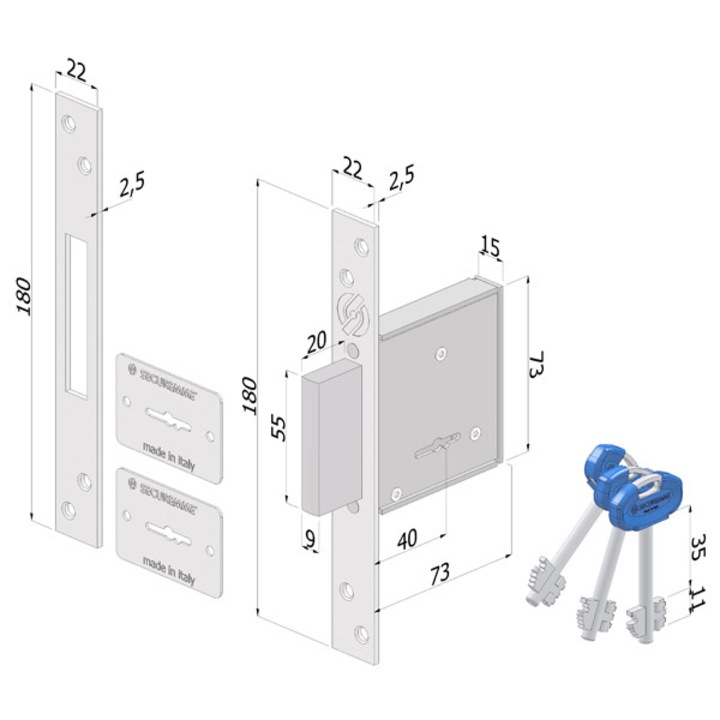 Broască de ușă SECUREMME 2000XZB4022AB3, 3 chei, tip cilindru