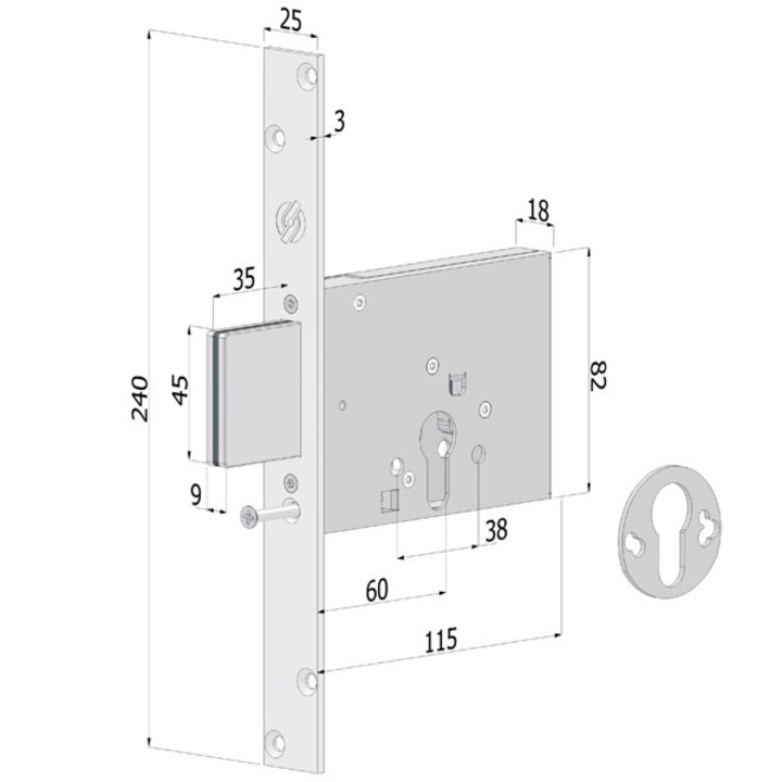 Broască Securemme 2051XZB6025, cu 3 chei, tip deschidere, set
