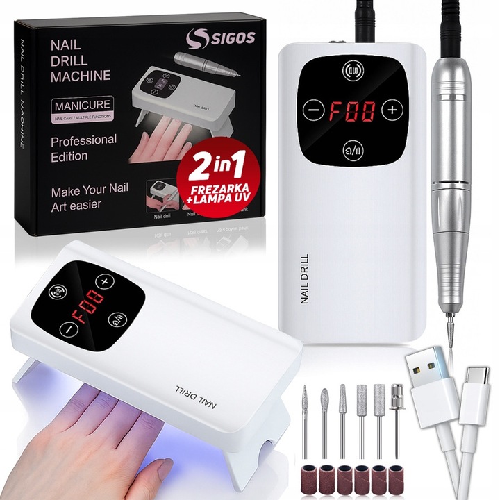 Freza pentru unghii Sigos 2 in 1, 45000 RPM, lampa UV/LED, compacta