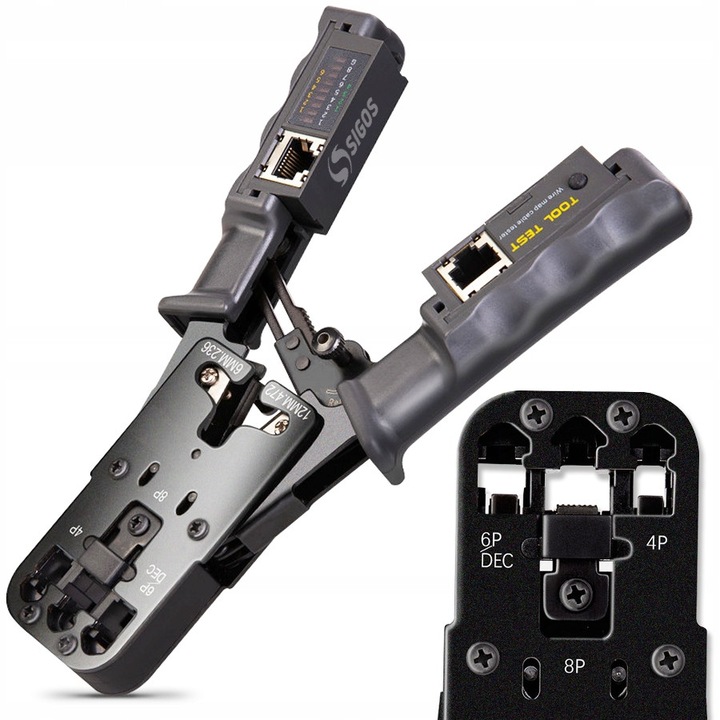 Zaciskare cu tester LAN Sigos, RJ45/RJ12/RJ11, multifunctional, antiderapant, 30x15cm, set