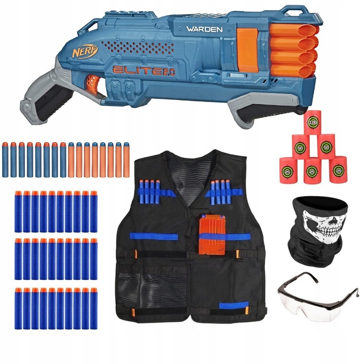 Nerf Elite 2.0 Warden DB-8 pisztoly, 16 lövedék, 30 csere lövedék, 6 célpont, taktikai mellény, védőszemüveg, kendő, többszínű